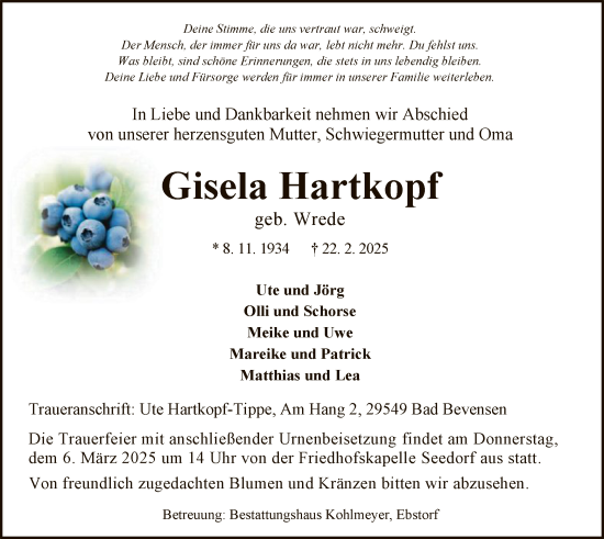 Traueranzeige von Gisela Hartkopf von UEL