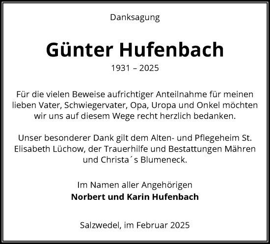 Traueranzeige von Günter Hufenbach von UEL