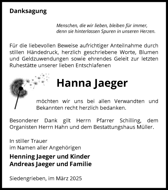 Traueranzeige von Hanna Jaeger von UEL