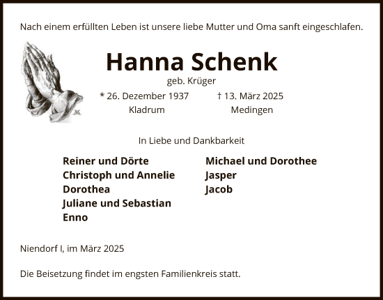 Traueranzeige von Hanna Schenk von UEL