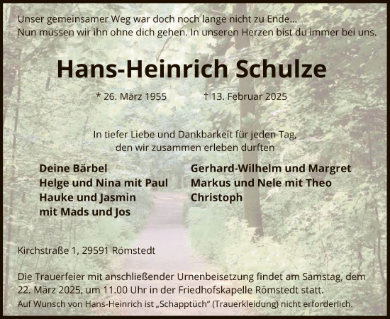 Traueranzeige von Hans-Heinrich Schulze von UEL