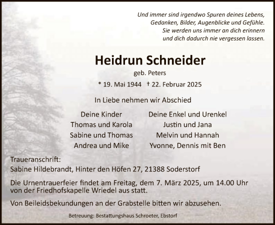 Traueranzeige von Heidrun Schneider von UEL