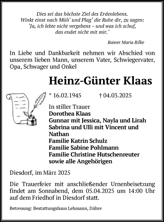 Traueranzeige von Heinz-Günter Klaas von UEL
