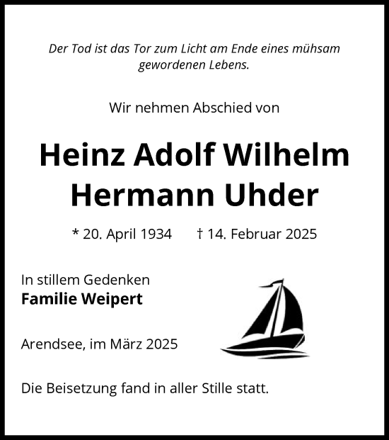 Traueranzeige von Heinz Adolf Wilhelm Hermann Uhder von UEL