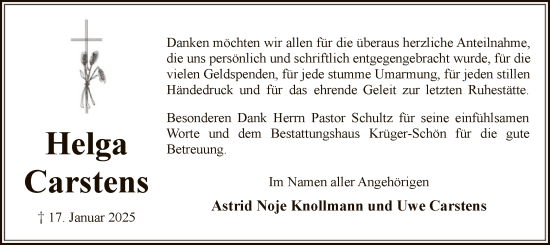 Traueranzeige von Helga Carstens von UEL