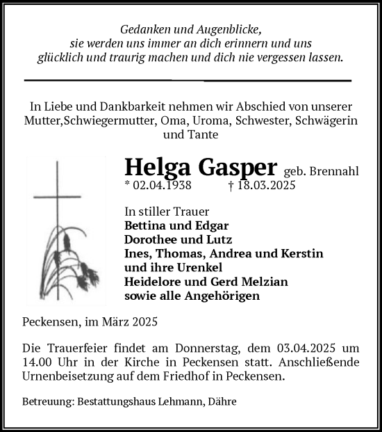 Traueranzeige von Helga Gasper von UEL