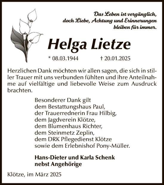 Traueranzeige von Helga Lietze von UEL