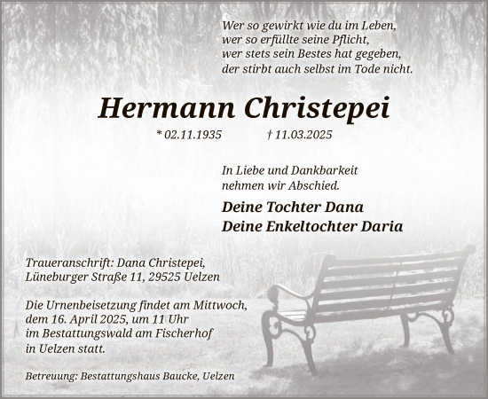 Traueranzeige von Hermann Christepei von UEL