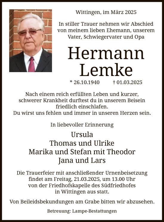 Traueranzeige von Hermann Lemke von UEL