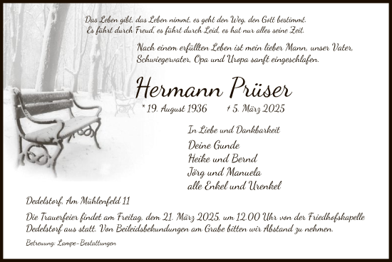 Traueranzeige von Hermann Prüser von UEL