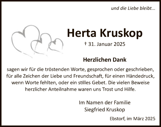 Traueranzeige von Herta Kruskop von UEL