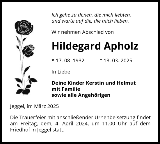 Traueranzeige von Hildegard Apholz von UEL