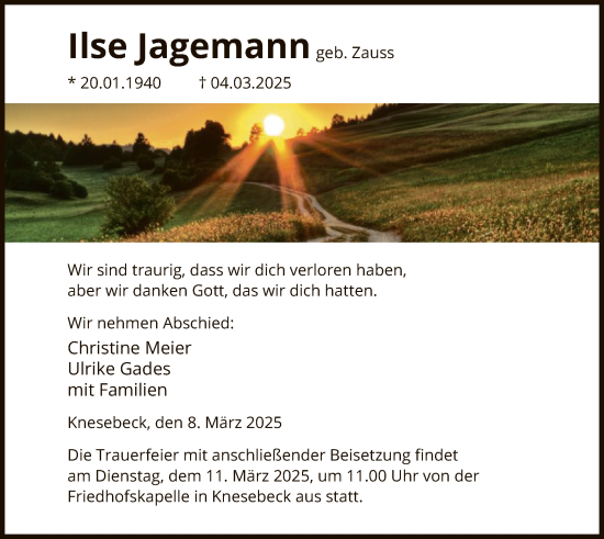 Traueranzeige von Ilse Jagemann von UEL