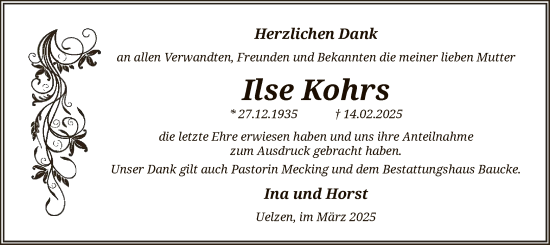 Traueranzeige von Ilse Kohrs von UEL