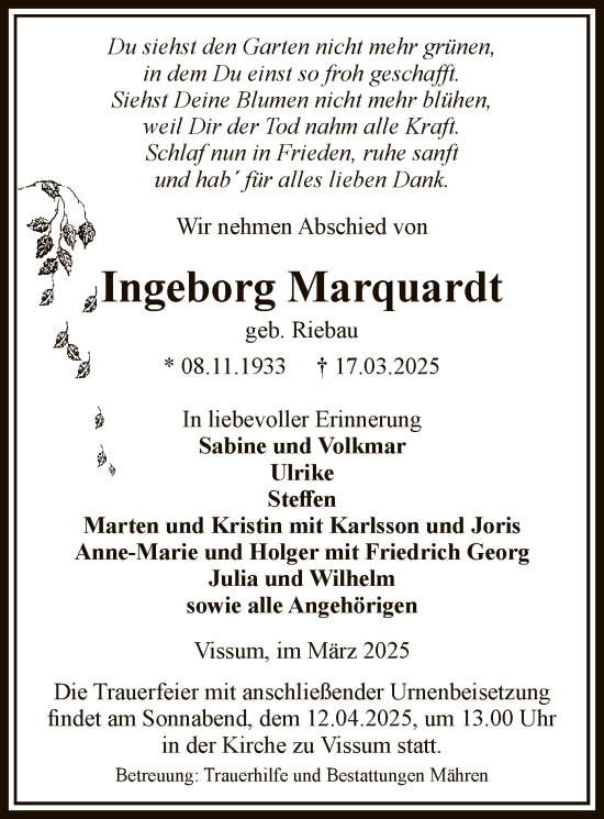 Traueranzeige von Ingeborg Marquardt von UEL