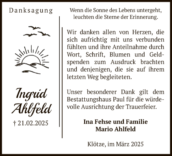 Traueranzeige von Ingrid Ahlfeld von UEL