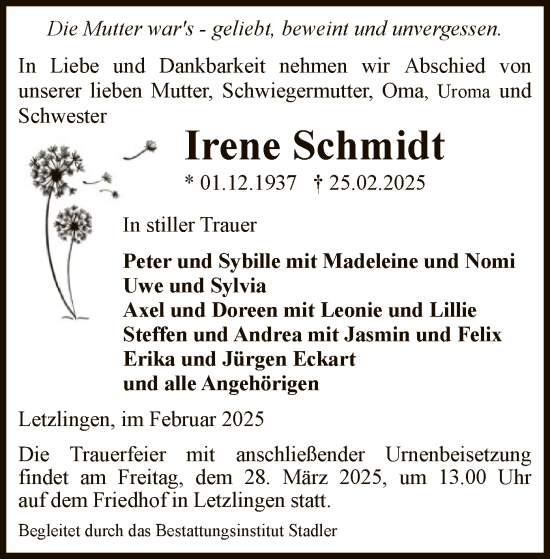 Traueranzeige von Irene Schmidt von UEL