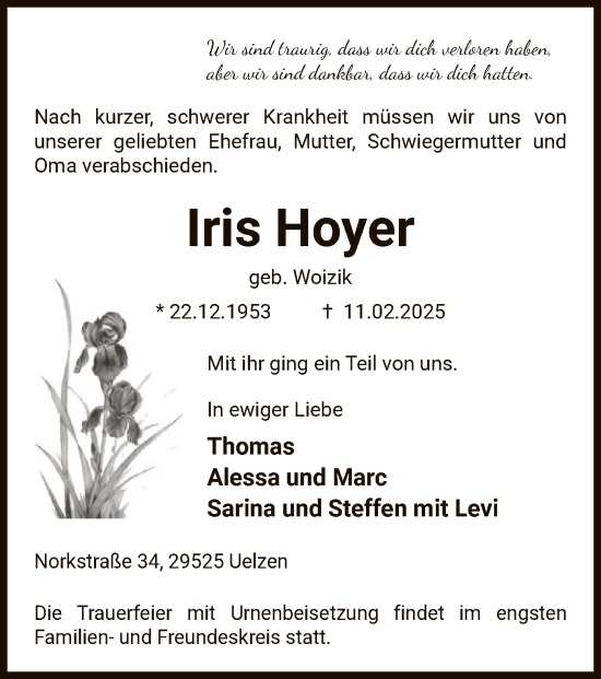 Traueranzeige von Iris Hoyer von UEL