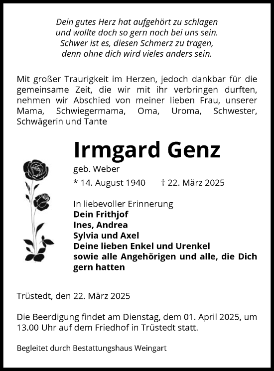 Traueranzeige von Irmgard Genz von UEL