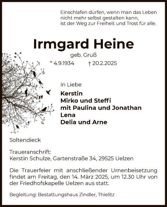 Traueranzeige von Irmgard Heine von UEL