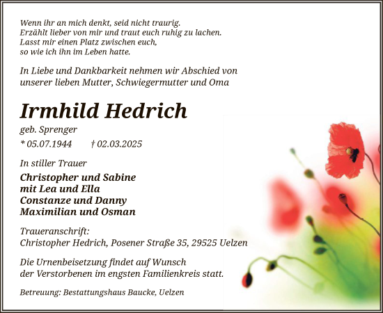 Traueranzeige von Irmhild Hedrich von UEL