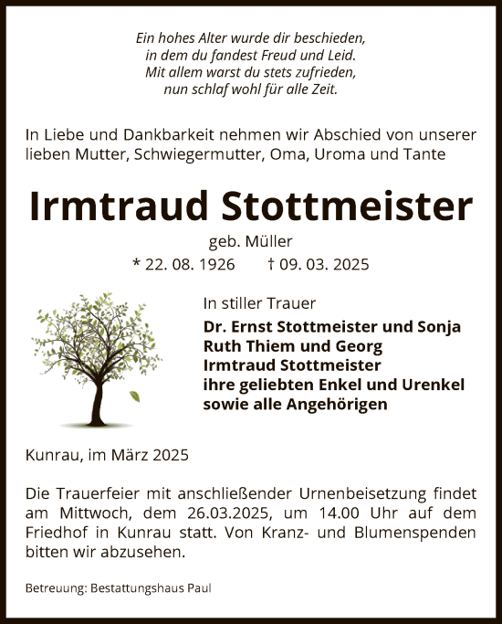Traueranzeige von Irmtraud Stottmeister von UEL