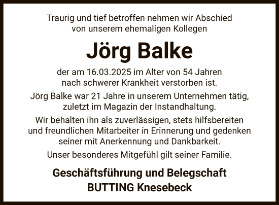 Traueranzeige von Jörg Balke von UEL