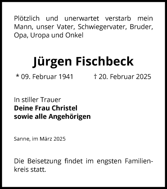 Traueranzeige von Jürgen Fischbeck von UEL