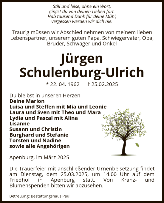 Traueranzeige von Jürgen Schulenburg-Ulrich von UEL