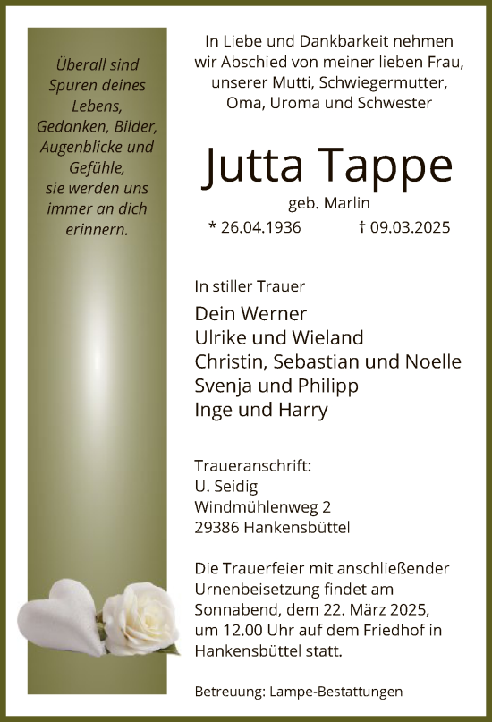 Traueranzeige von Jutta Tappe von UEL
