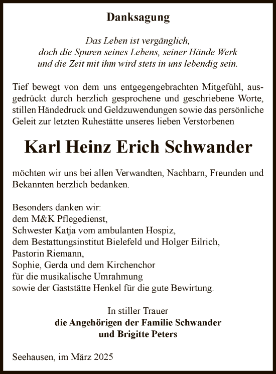 Traueranzeige von Karl Heinz Erich Schwander von UEL