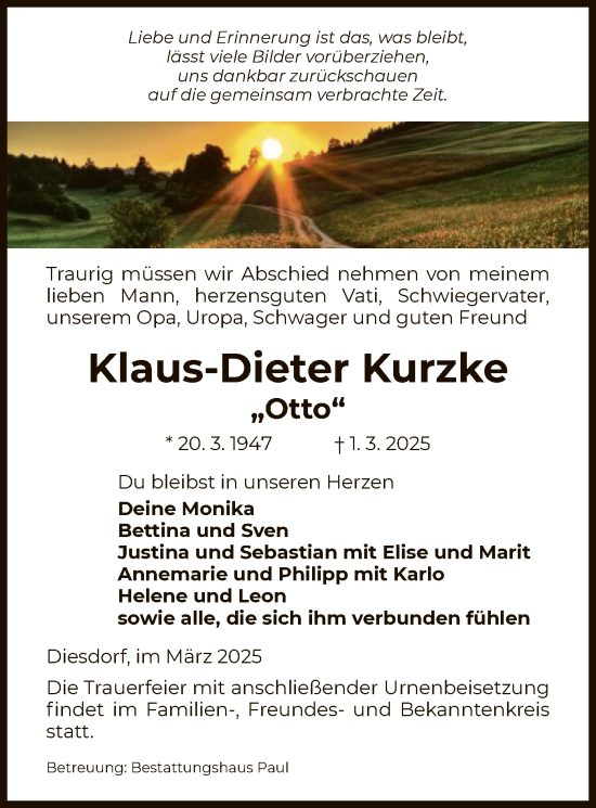 Traueranzeige von Klaus-Dieter Kurzke von UEL