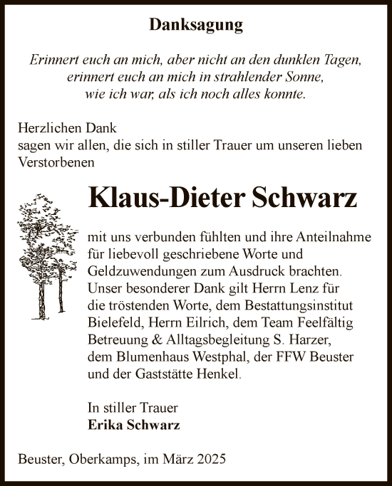 Traueranzeige von Klaus-Dieter Schwarz von UEL