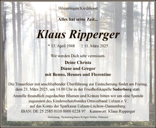Traueranzeige von Klaus Ripperger von UEL