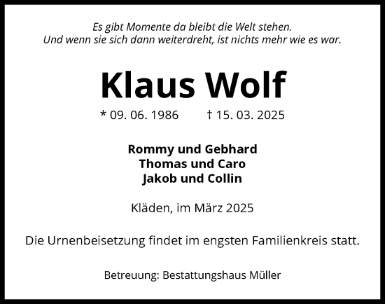 Traueranzeige von Klaus Wolf von UEL