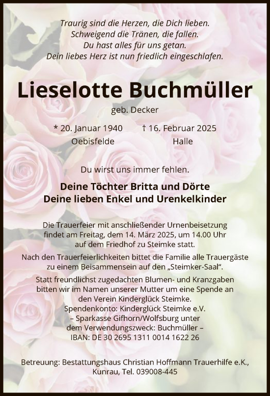 Traueranzeige von Lieselotte Buchmüller von UEL