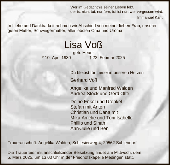 Traueranzeige von Lisa Voß von UEL
