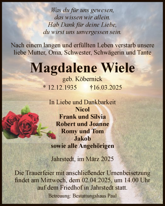 Traueranzeige von Magdalene Wiele von UEL
