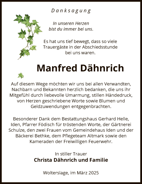 Traueranzeige von Manfred Dähnrich von UEL