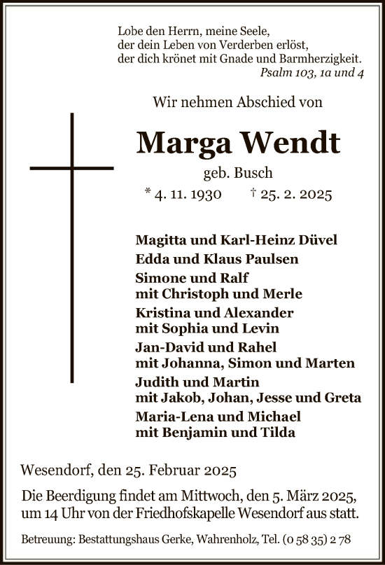 Traueranzeige von Marga Wendt von UEL