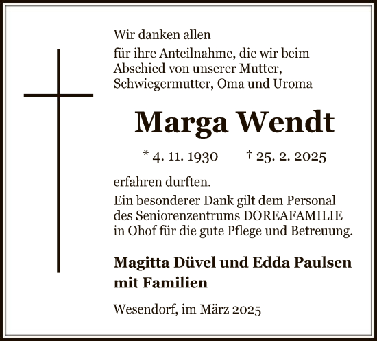 Traueranzeige von Marga Wendt von UEL