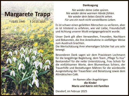 Traueranzeige von Margarete Trapp von UEL