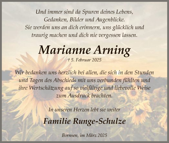 Traueranzeige von Marianne Arning von UEL