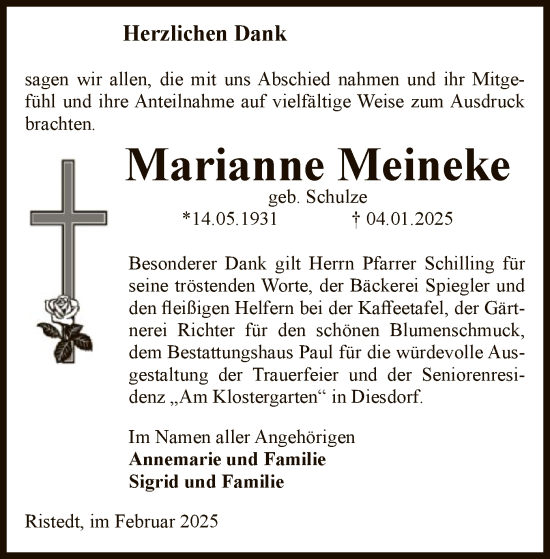 Traueranzeige von Marianne Meineke von UEL