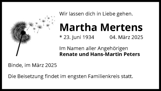 Traueranzeige von Martha Mertens von UEL