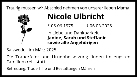 Traueranzeige von Nicole Ulbricht von UEL
