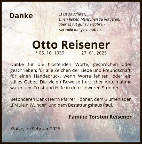 Traueranzeige von Otto Reisener von UEL
