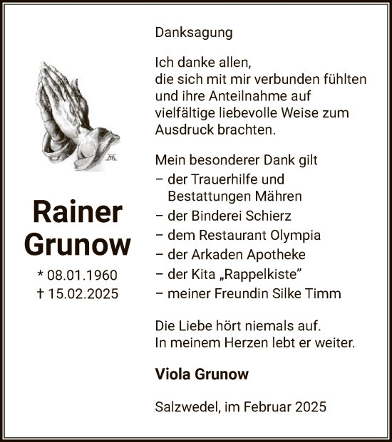 Traueranzeige von Rainer Grunow von UEL