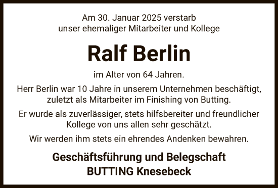 Traueranzeige von Ralf Berlin von UEL