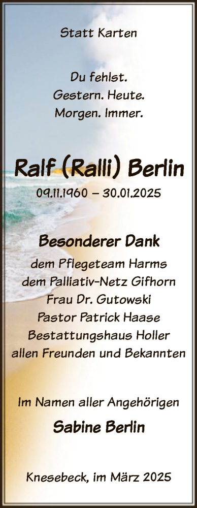 Traueranzeige von Ralf Berlin von UEL